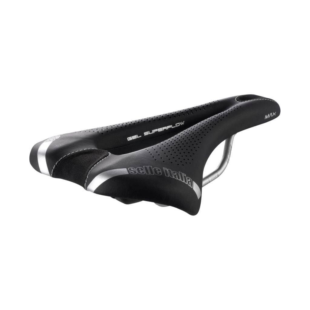 Zwart Selle Italia Max SLR Gel Superflow Titanium racefiets- en MTB-zadel met gelvulling en superflow-gaatjes, zichtbaar van boven.