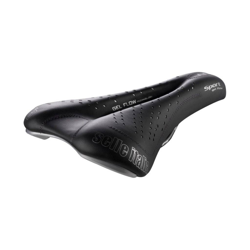 Zwart Selle Italia Sport Gel Flow S2 racefiets- en MTB-zadel met Fec Alloy-onderstel, ergonomisch ontworpen voor comfort en prestaties.