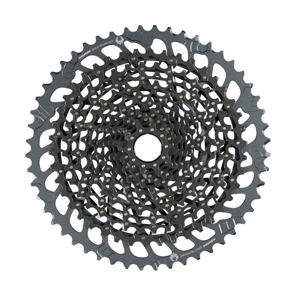 Zwarte Sram Xg1275 12-speed cassette met 10-52T tandwielen voor fiets, zichtbaar op de afbeelding.