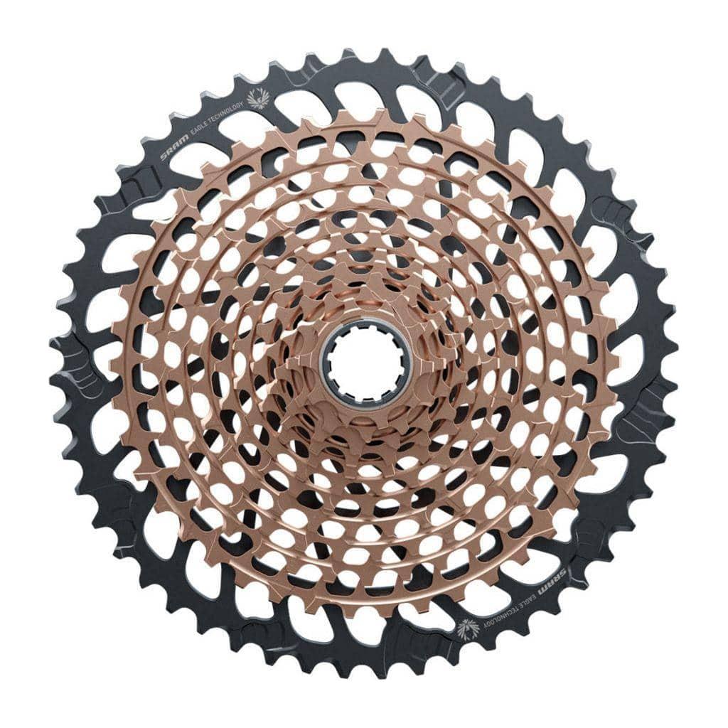 Zwarte SRAM XG1299 12-speed cassette met 10-52T tandwielen, geschikt voor mountainbikes en snelle ritten