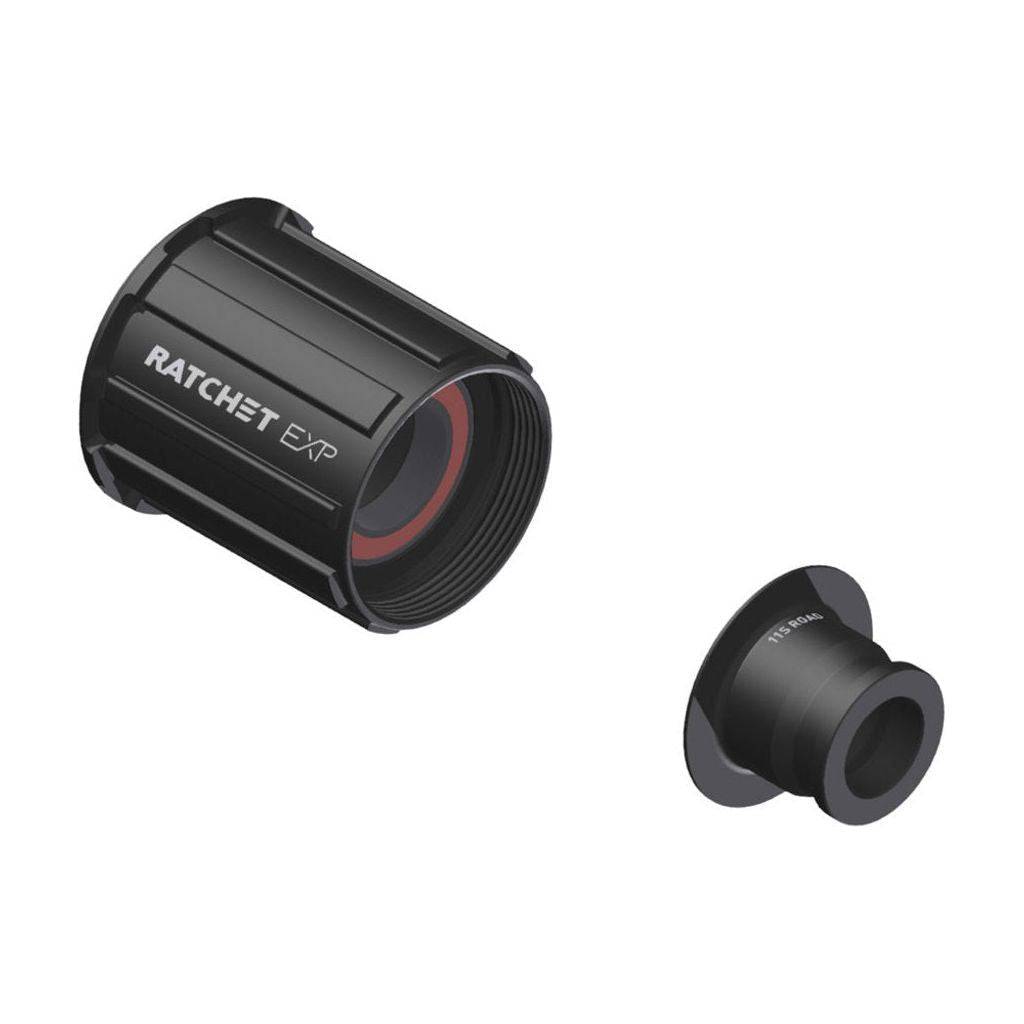 DT Swiss naaf body kit ratchet Shimano Exp 142/12 voor fietsnaaf, zwart en robuust, zichtbaar in close-up.