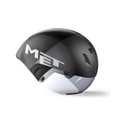 MET Codatronca tijdrithelm, aero helm voor wielrennen, met aerodynamisch ontwerp en ventilatieopeningen, zwart gemarkeerd.