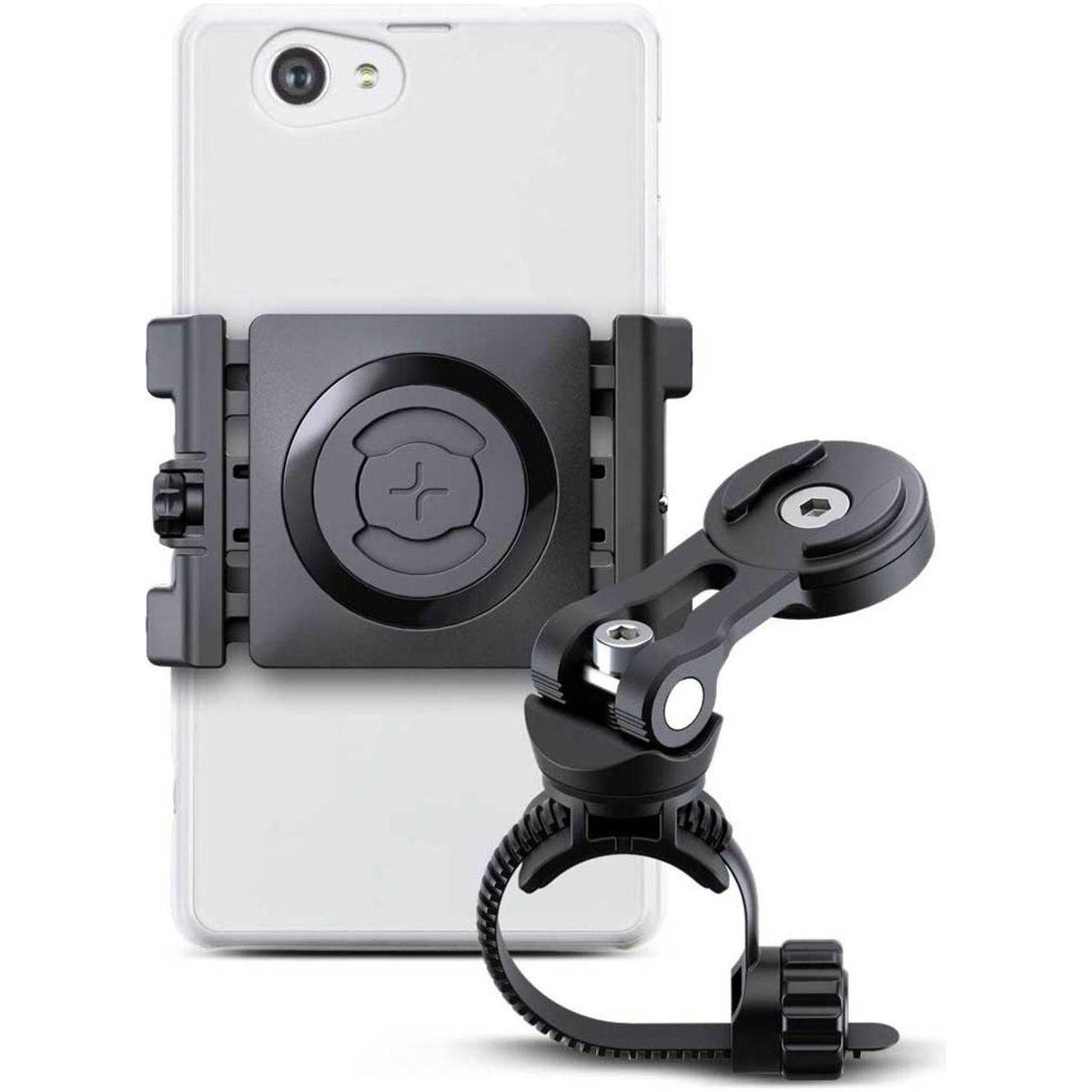Zwarte SP Connect fiets telefoonhouder met universele klem en montage voor veilige bevestiging op de fiets.