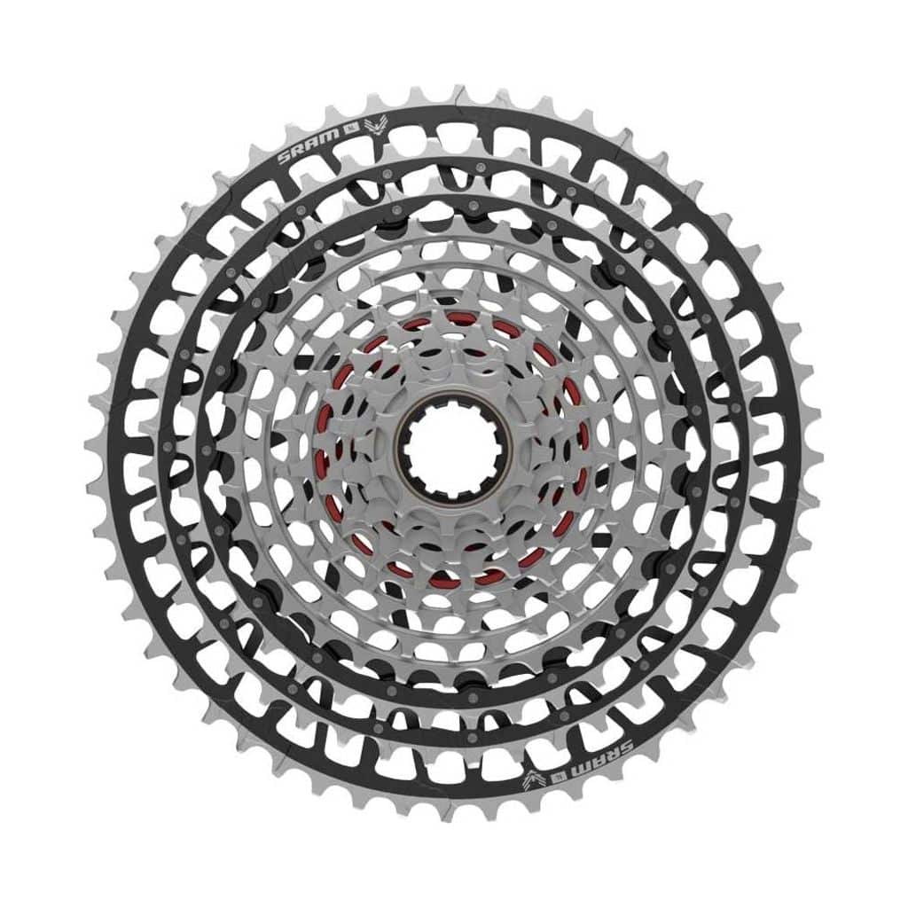 Zwarte Sram XS1299 T A1 12-speed cassette met 10-52T voor mountainbikes, zichtbaar op de afbeelding.