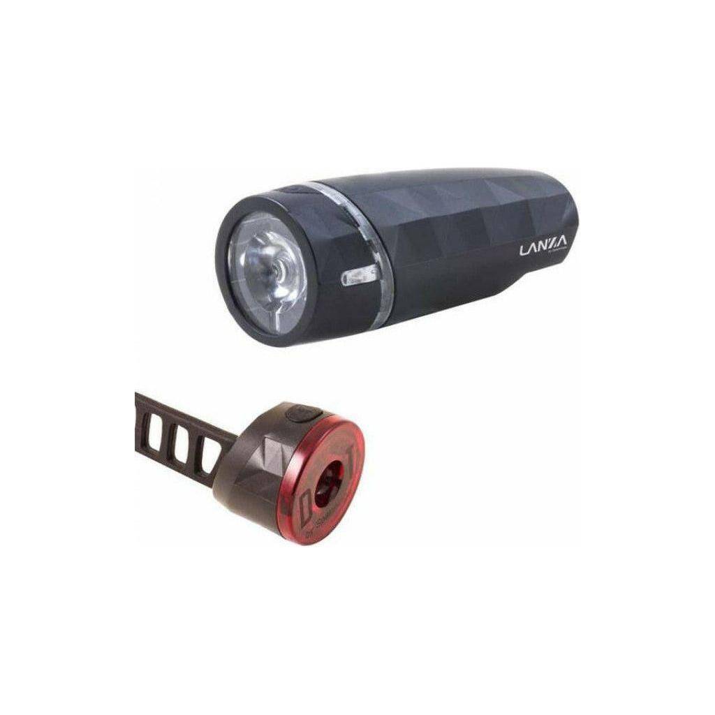 Spanninga Lanza verlichtingsset met koplamp en achterlicht, geschikt voor fietsverlichting, in zwart met bedieningsknoppen.