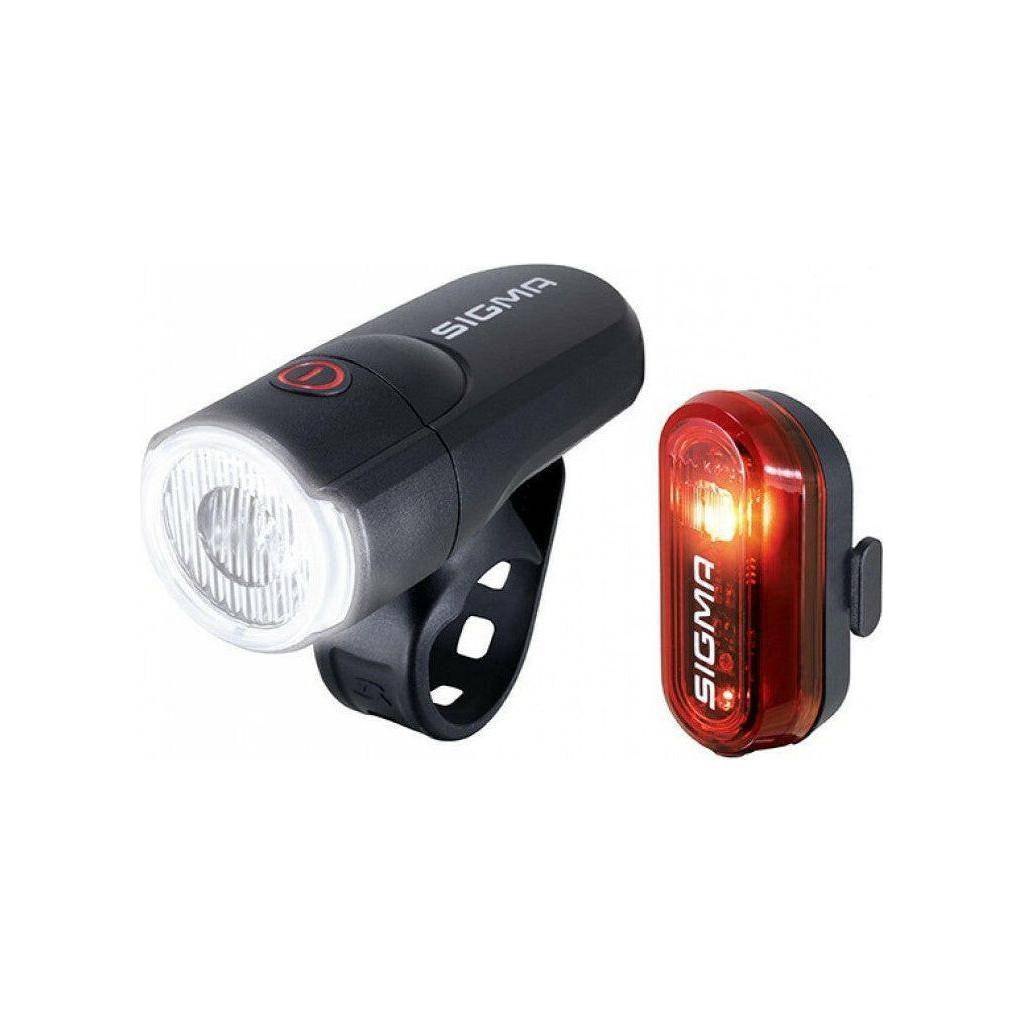 Sigma Aura 30 + Curve verlichtingsset met geïntegreerde LED-verlichting en moderne design, geschikt voor fietsverlichting.