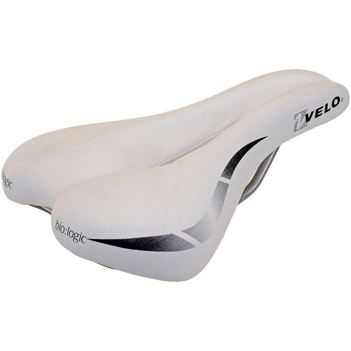 Wit Velo racefiets en MTB zadel met brede kanaal, comfortabel en geschikt voor racefietsen en mountainbikes.