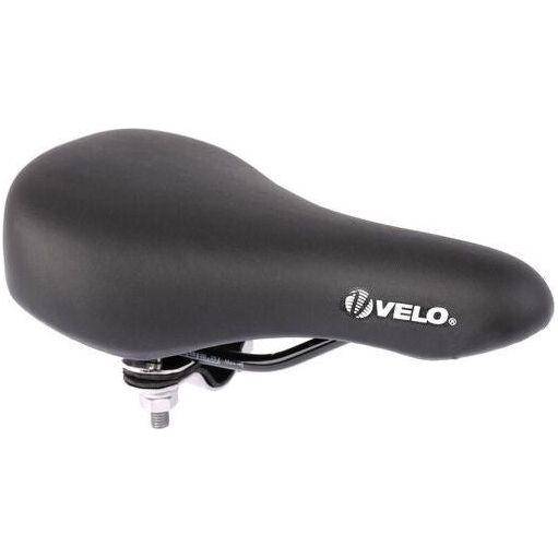 Velo kinderfiets zadel met zitbuisklem, comfortabel en geschikt voor jonge fietsers, in een neutrale kleur.