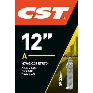 CST binnenband 12 inch met Hollands ventiel 32mm, geschikt voor fietsbanden 12 1/2 x 1.75 tot 2 1/4, zwarte rubber.