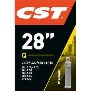 CST binnenband 28 inch met Hollands ventiel van 40 mm, geschikt voor fietsbanden 1.3/8 tot 1.75, zichtbaar in afbeelding.