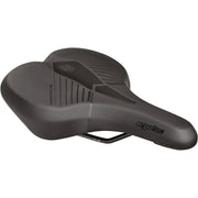 Ergotec Es Comfort Plus stadsfiets- en e-bike zadel met zachte bekleding en brede zitvlakte, zichtbaar op de afbeelding.