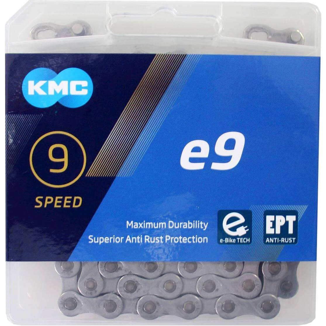 Donkere zilveren KMC 9-speed ketting E9 EPT 1/2" x 11/128" voor fiets met 9 versnellingen