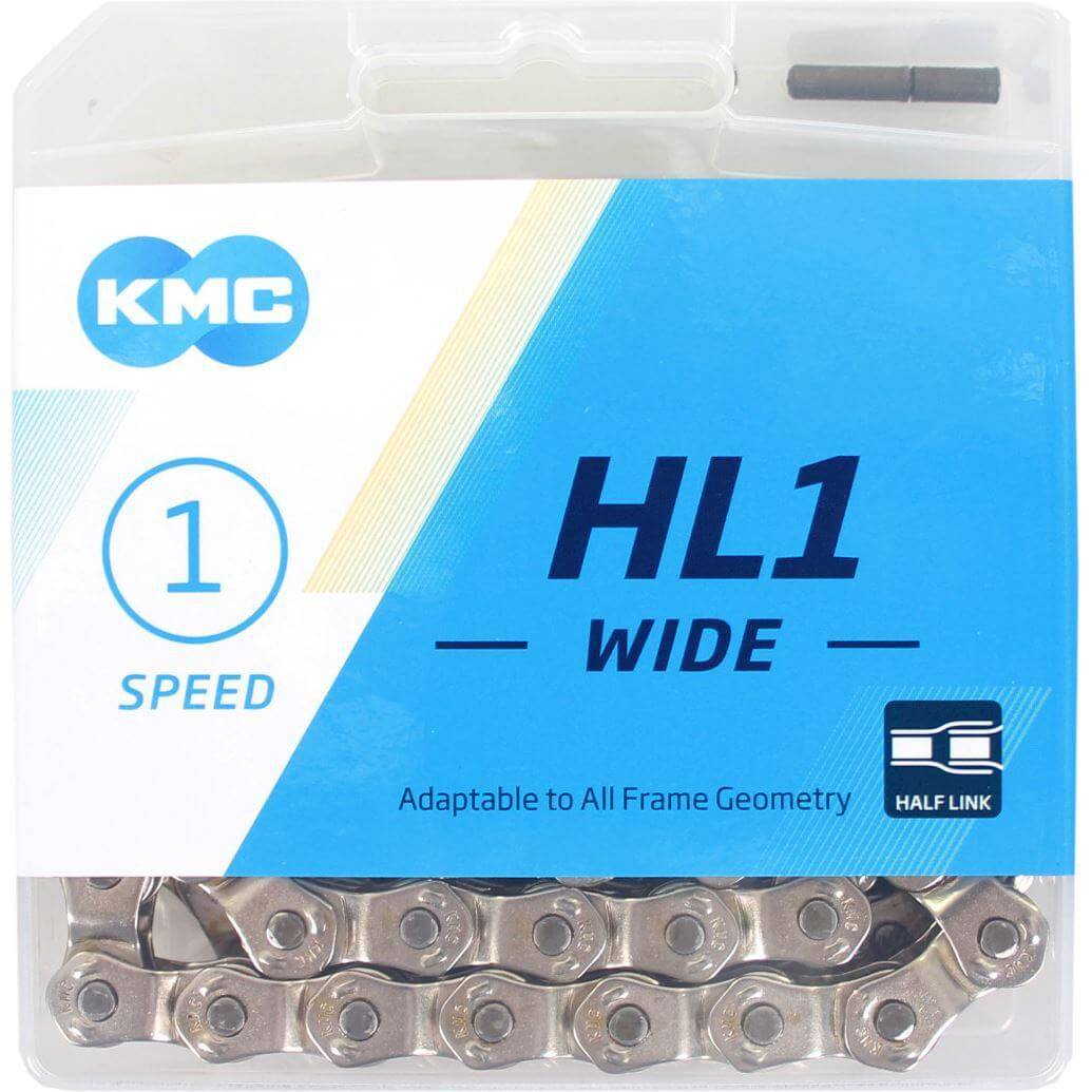 Vernikkelde KMC HL1 Wide 1/8 ketting, 100 schakels, geschikt voor single speed fietsen, zichtbaar op de afbeelding