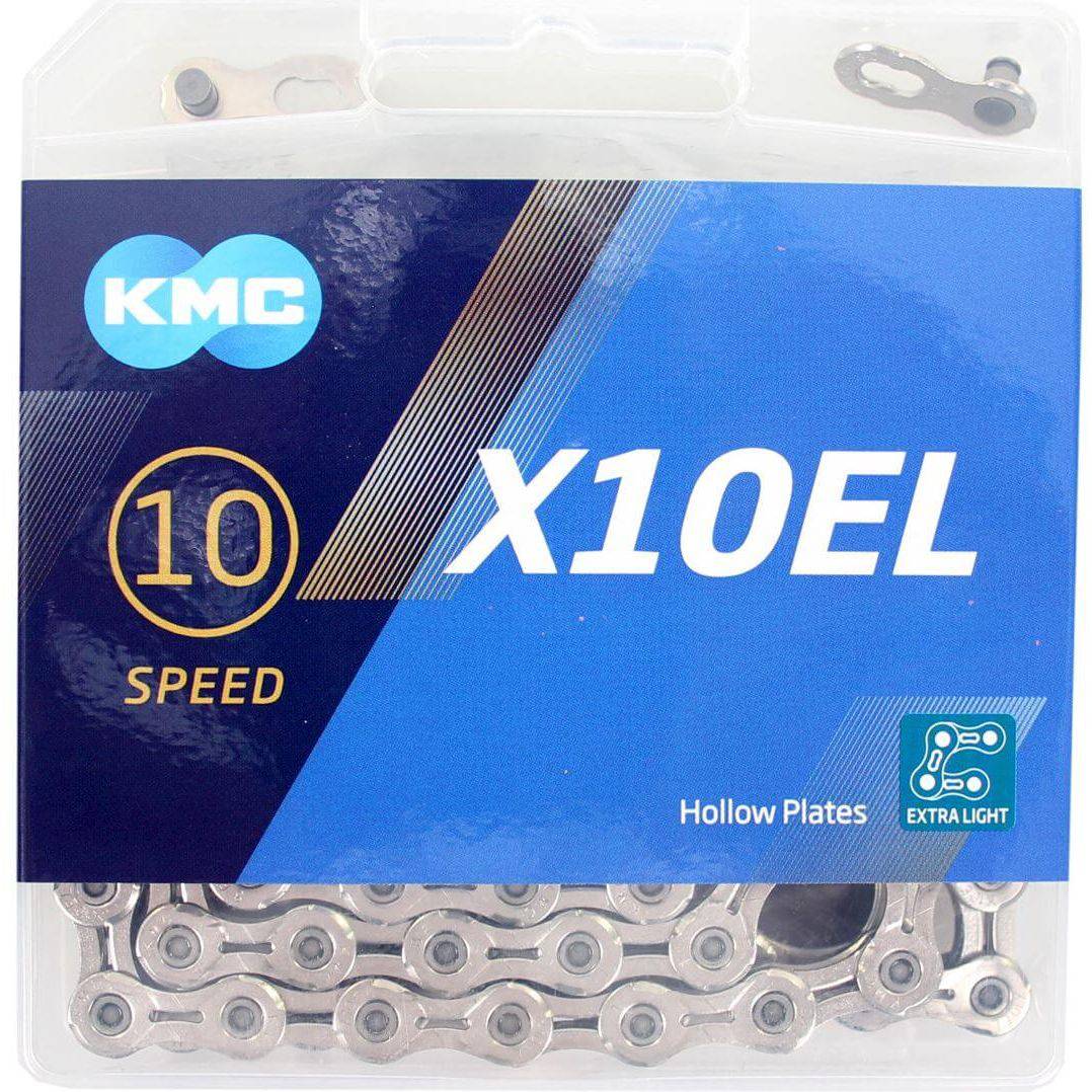 Zilveren KMC X10EL 10-speed ketting voor fiets, zichtbaar met kleine schakels en merklogo op de ketting
