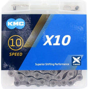 Zwarte KMC X10 10-speed ketting met 114 schakels en double X-bridge voor fiets, zichtbaar op de afbeelding.
