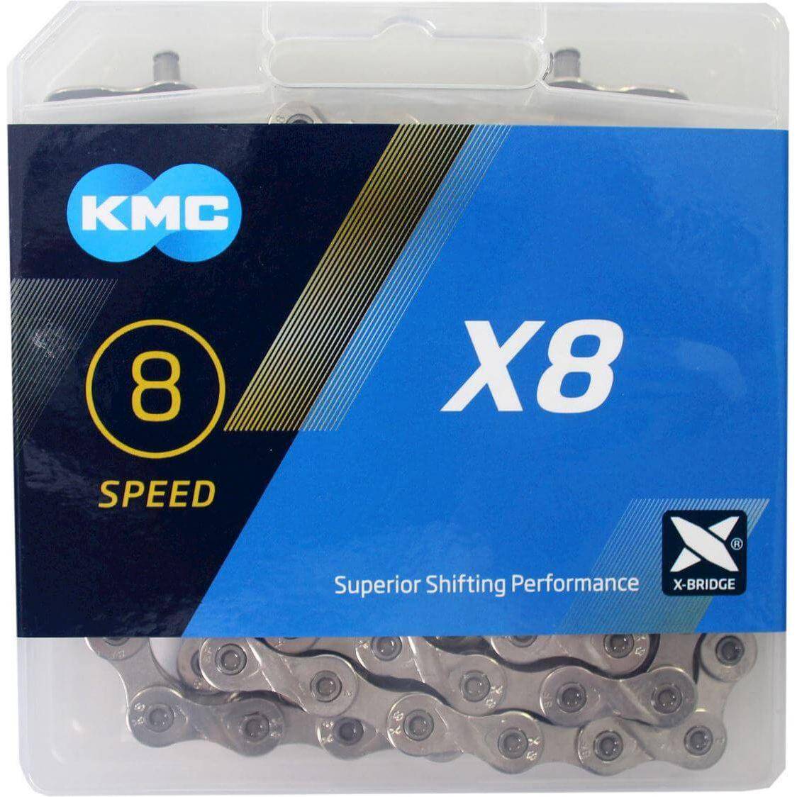Zilveren KMC X8 1/2 x 3/32 inch ketting met 114 schakels voor 8-speed fietsen, zichtbaar op de afbeelding