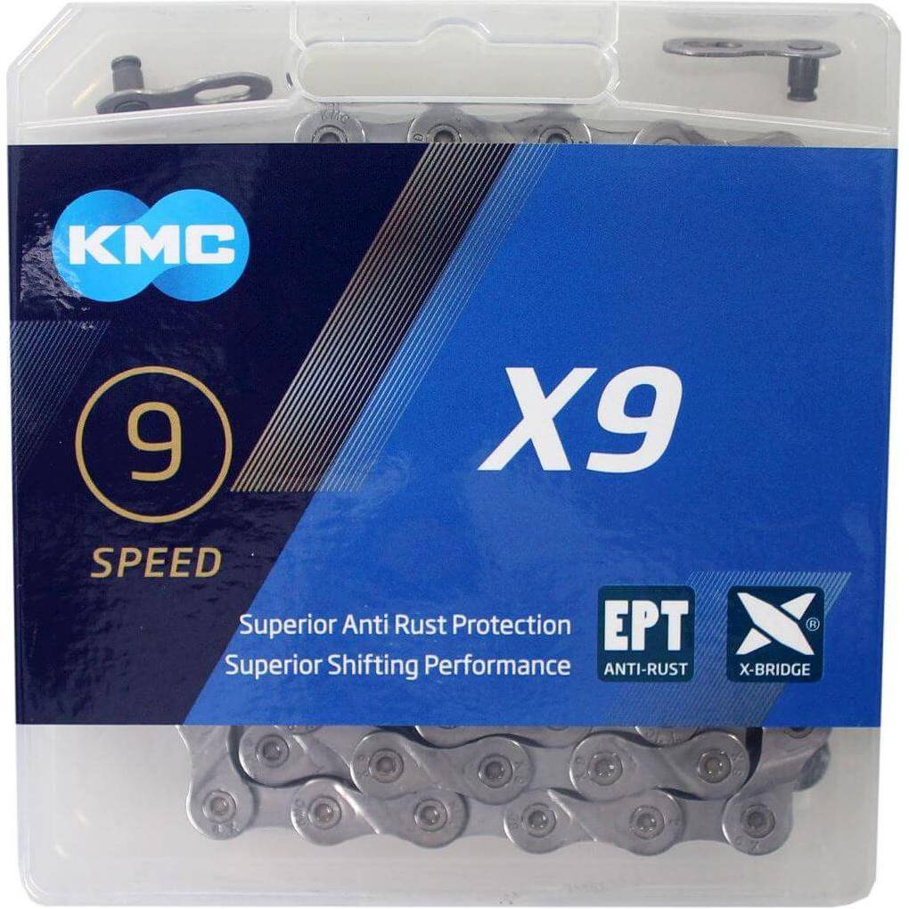 KMC X9 EPT 9-speed ketting donker zilver met 114 schakels, geschikt voor fietsen, zichtbaar op de afbeelding