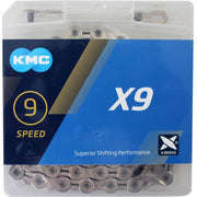 Nikkel-geplateerde KMC X9 9-speed ketting met 114 schakels en 1/2" x 11/128" maat voor racefietsen.