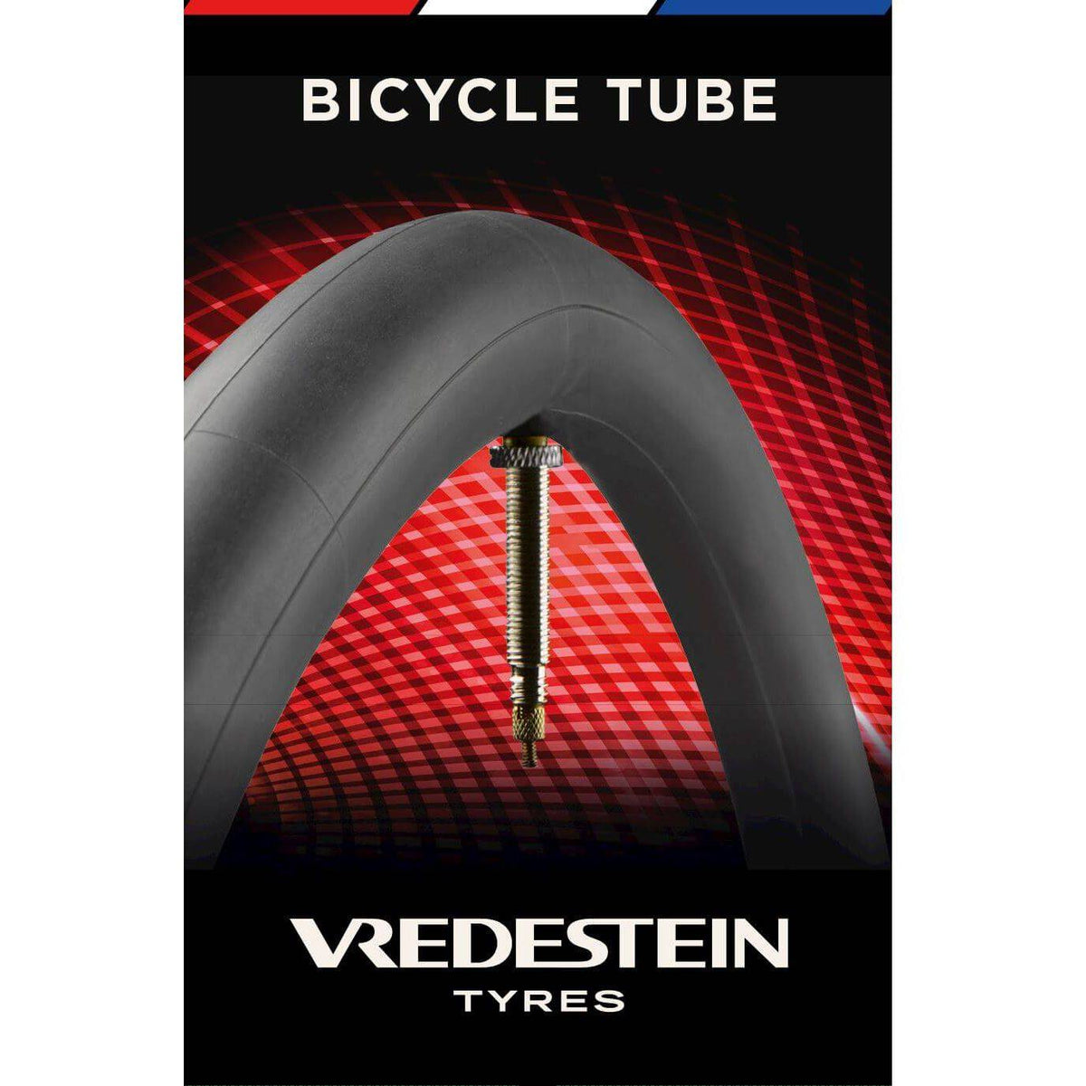 Vredestein 24 inch binnenband met Frans ventiel, 1.25-1.75 inch, geschikt voor fiets, close-up van ventiel en band.