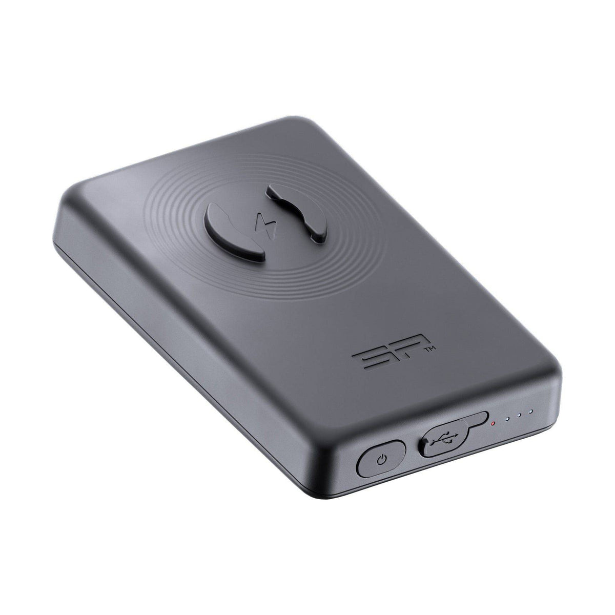 Draadloze powerbank SP Connect SPC+ met zwart ontwerp en oplaadpoort, geschikt voor snel opladen van apparaten.