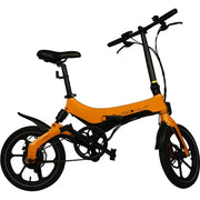 Elektrische vouwfiets Bohlt X160 in oranje met compact frame en handvat, klaar voor gebruik.