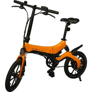 Elektrische vouwfiets Bohlt X160 in oranje, ingeklaceerd, met handvat en compacte frame, klaar voor gebruik.