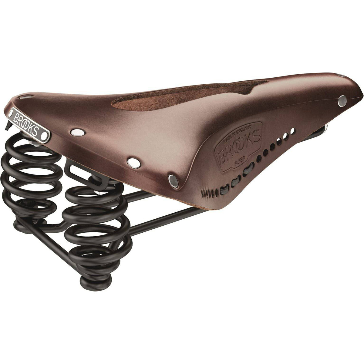 Brooks Flyer Carved stadsfiets en e-bike zadel met leren bekleding en ergonomisch ontwerp, geschikt voor comfortabel fietszadelgebruik.