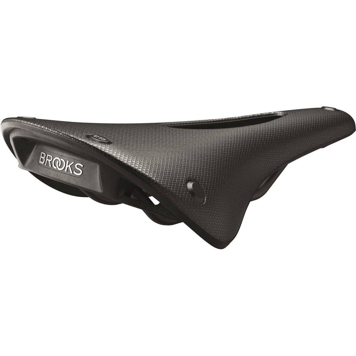 Brooks Fietszadel C15 Carved Cambium All Weather zwart voor stadsfiets en e-bike, comfortabel en duurzaam zadel in close-up.