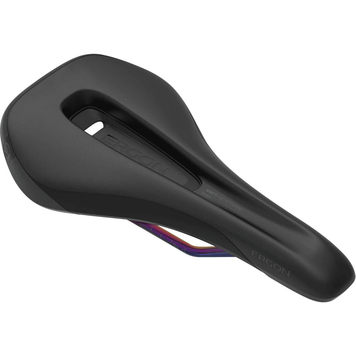 Ergon SM Enduro Comp Men Zadel voor racefiets en MTB, V-vorm, zwart met ergonomische contouren en zachte bekleding.