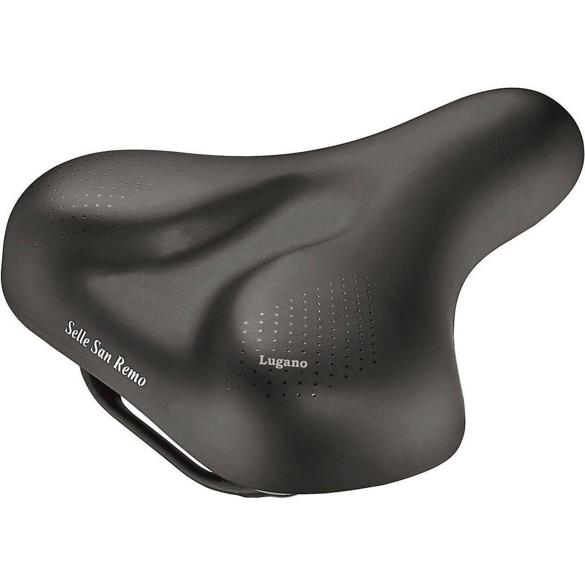 Zwart Selle San Remo Lugano stadsfiets- en e-bike zadel met comfortabele vorm en duurzame bekleding, geschikt voor stadsfietsen.