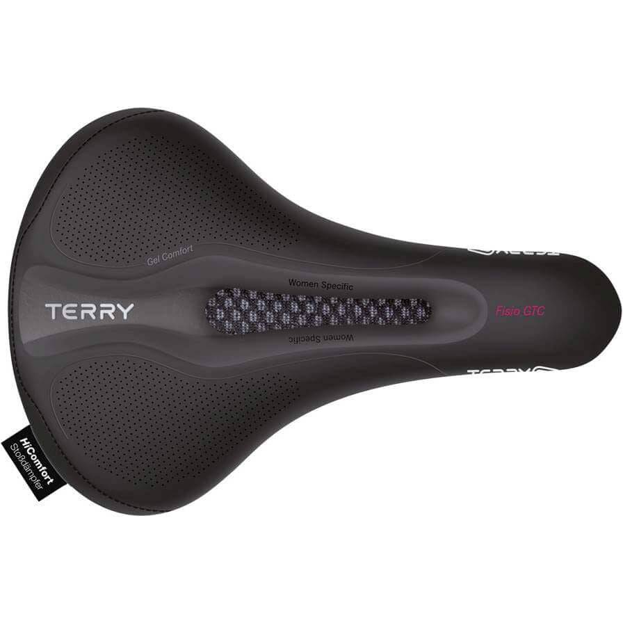 Zwart Terry Fisio Gtc Gel dames fietszadel op stadsfiets of e-bike, comfortabel en ergonomisch ontworpen.