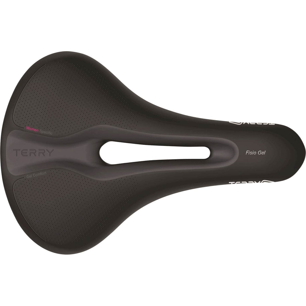 Zwart Terry Fisio Gel damesfiets zadel met comfortabele vulling, geschikt voor stadsfietsen en e-bikes, zichtbaar in de afbeelding.