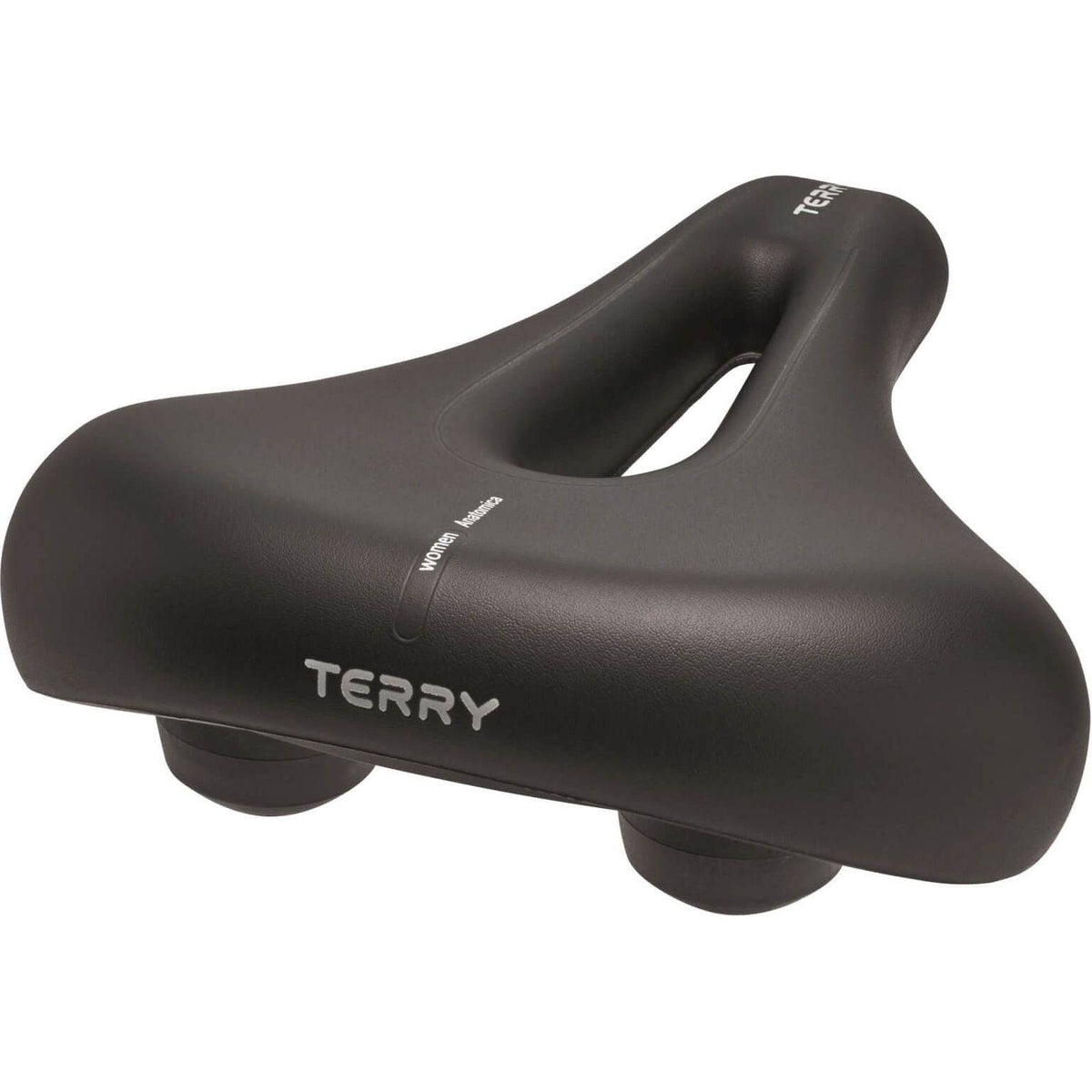 Zwart Terry anatomisch damesfietszadel voor stadsfietsen en e-bikes, comfortabel en ergonomisch ontworpen.
