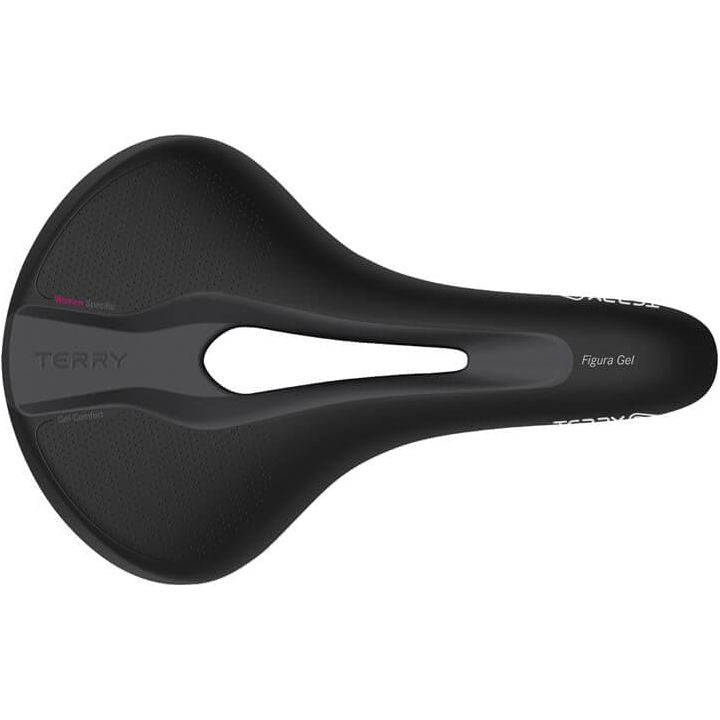 Zwart Terry Figura Max Gel damesfiets zadel met comfortabele vorm, geschikt voor stads- en E-bike gebruik, zichtbaar op de foto.
