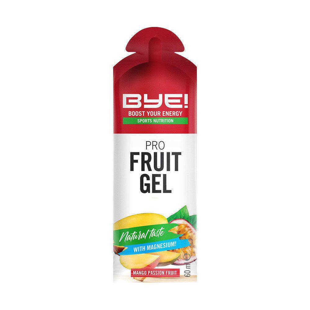 BYE! Pro Fruit Sportgels mango passievrucht, 60 ml, doos van 12 stuks, sportvoeding met fruitgeur en energieboost.