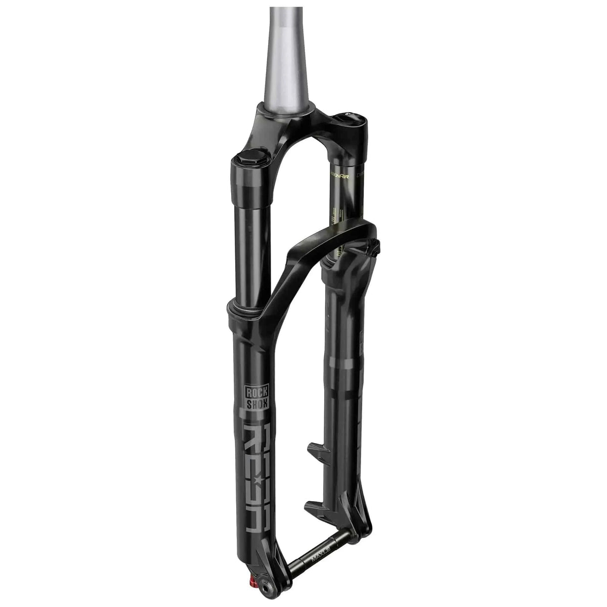 Zwarte RockShox Reba RL A2 voorvork voor MTB, 26 inch met 100mm veerweg en 3Qd verstelling, zichtbaar in de afbeelding.