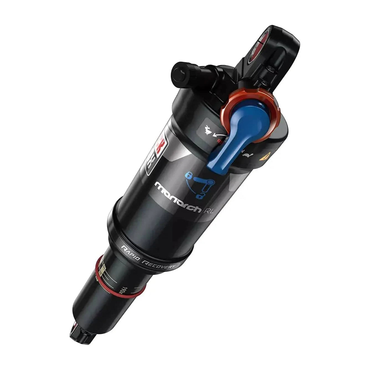 Zwart RockShox Monarch RL schokbreker voor mountainbikes, 165x38 mm, zichtbaar met kaliber en ventiel in afbeelding