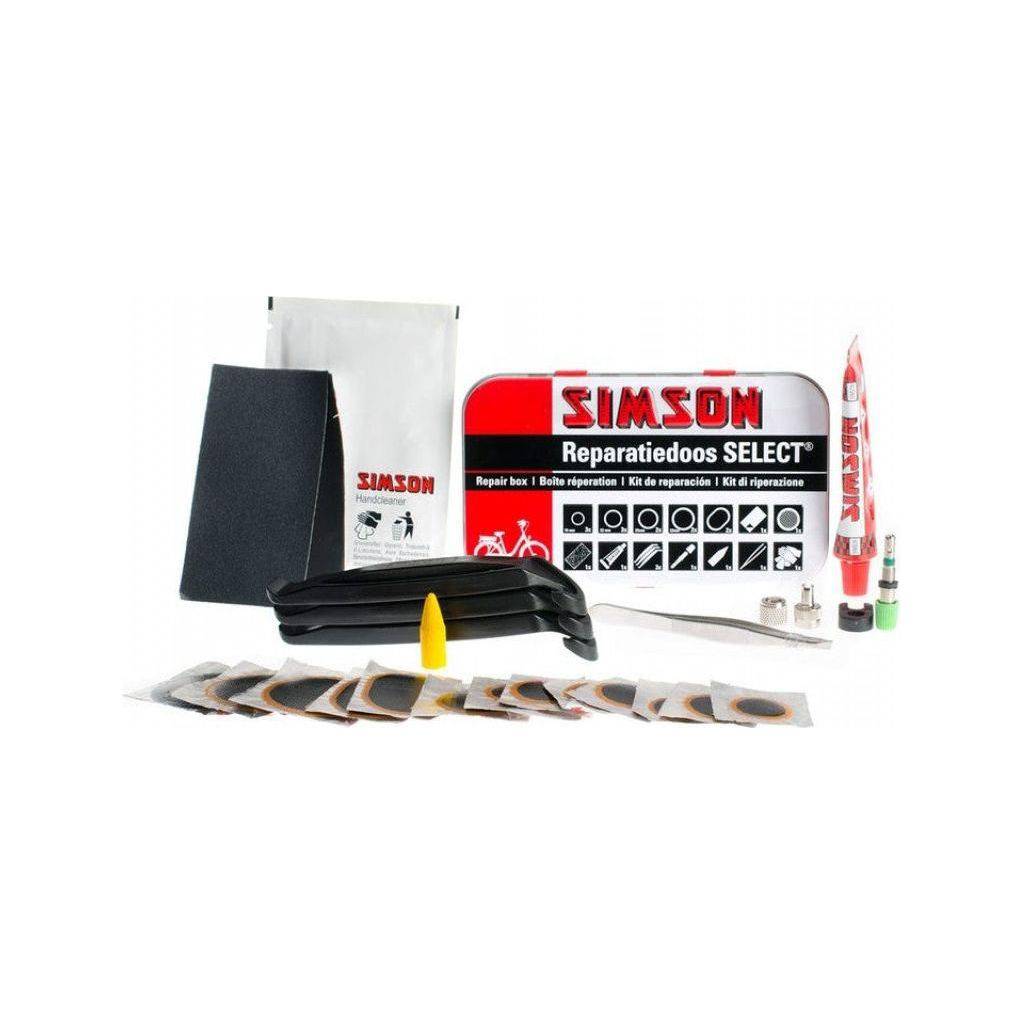 Simson bandenreparatiedoos "Select" met bandreparatieset en gereedschap voor fiets- en motorbanden, compact en gebruiksklaar
