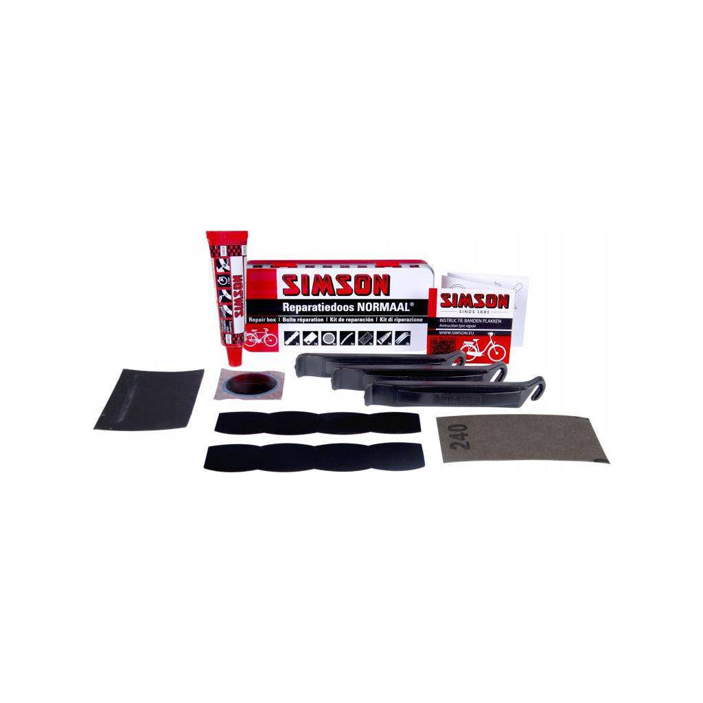Simson bandenreparatiedoos "Normaal" met reparatiesets voor banden, inclusief gereedschap en materialen voor herstel.